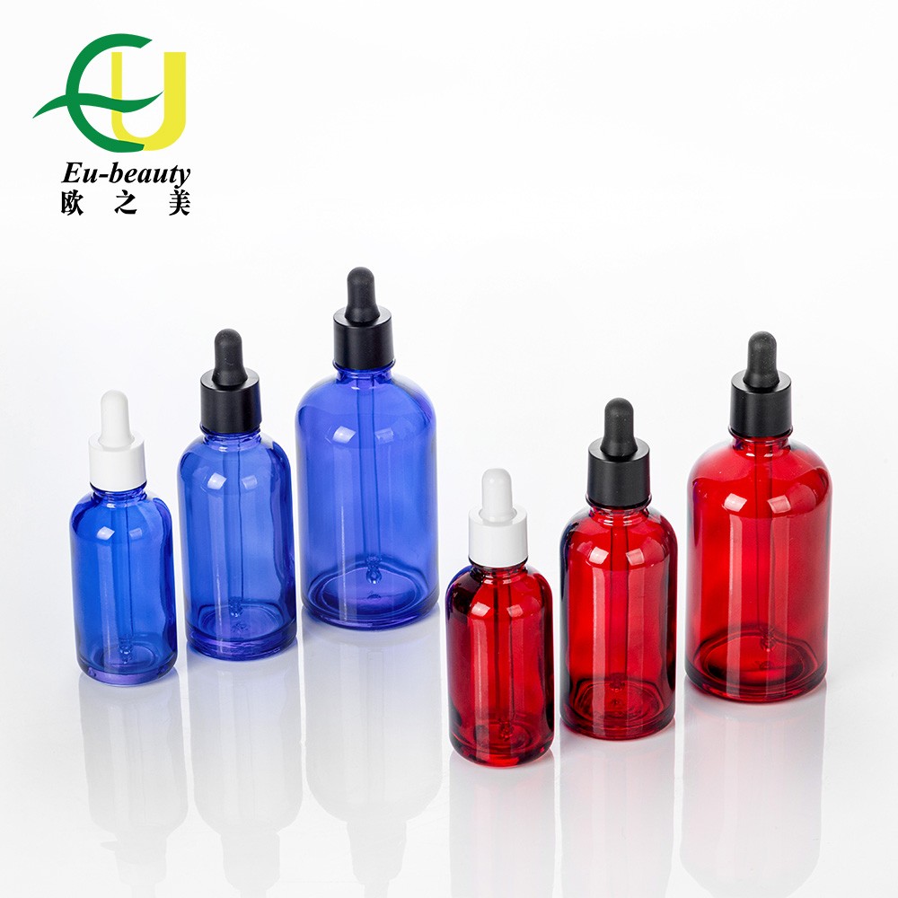 EU2025 50ml 80ml 150ml Customize Blue Green Amber Boston Round Glass Dropper Essential Oil Bottle With Dropper