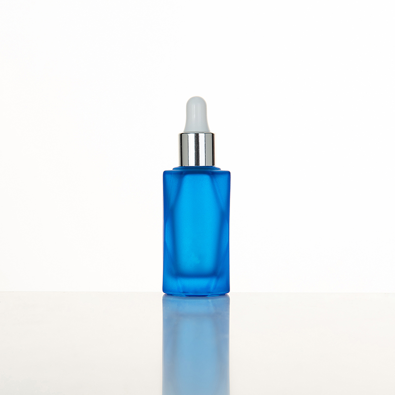 EU-2003 Flacon compte-gouttes en verre bleu mat de 15 ml avec compte-gouttes en verre argenté brillant