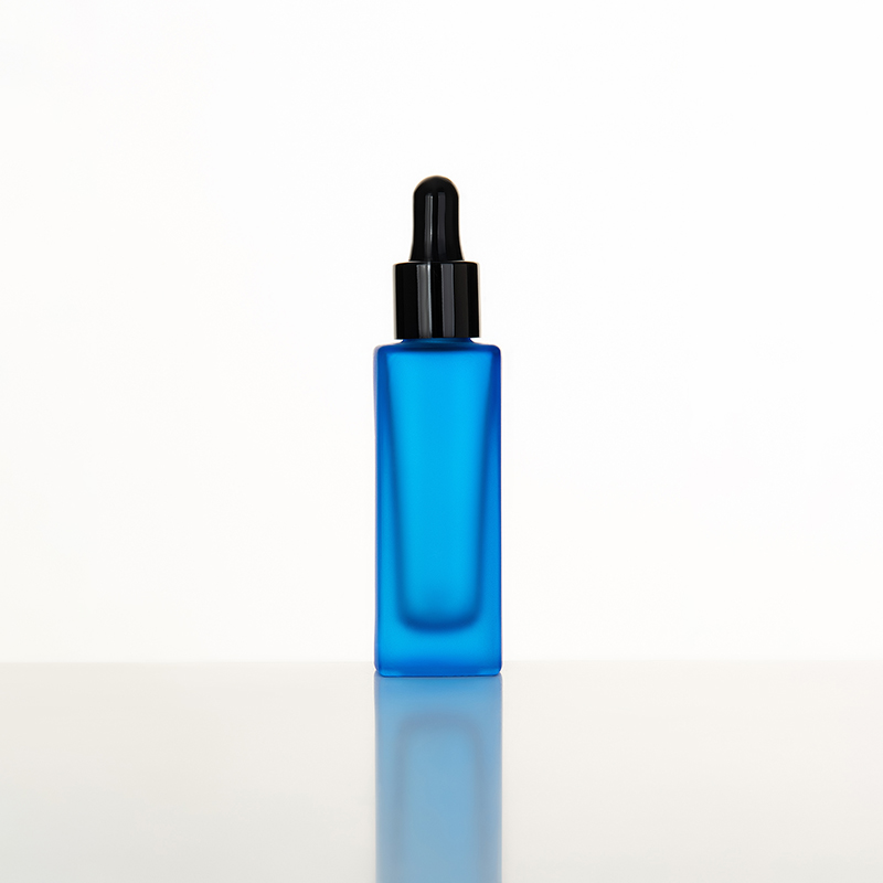 EU-2006 Botella de vidrio azul mate de 30 ml con gotero plástico liso