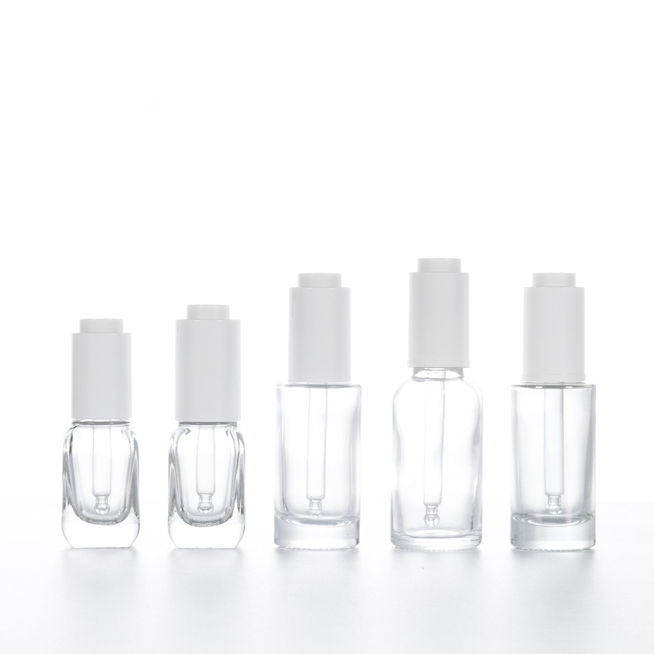 Custom Clear Luxury Empty Push Button Serum Essential Oil Press Top Dropper Bottles with push button dropper