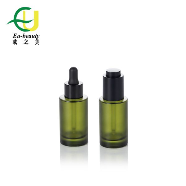EU-C6324 30m Wholesale Matte olive green Dropper Bottles Flat Shoulder Essential Oil Glass Bottles with black dropper