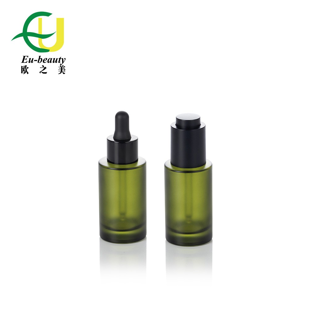 EU-C6324 30m Wholesale Matte olive green Dropper Bottles Flat Shoulder Essential Oil Glass Bottles with black dropper